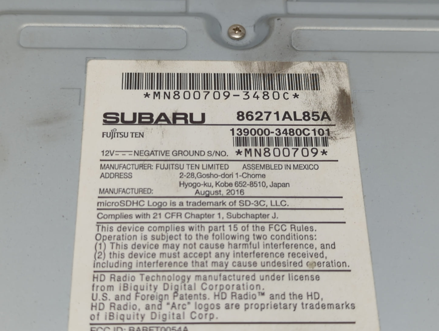 2017 Subaru Legacy Radio AM FM Cd Player Receiver Replacement P/N:86271AL85A Fits OEM Used Auto Parts - Oemusedautoparts1.co