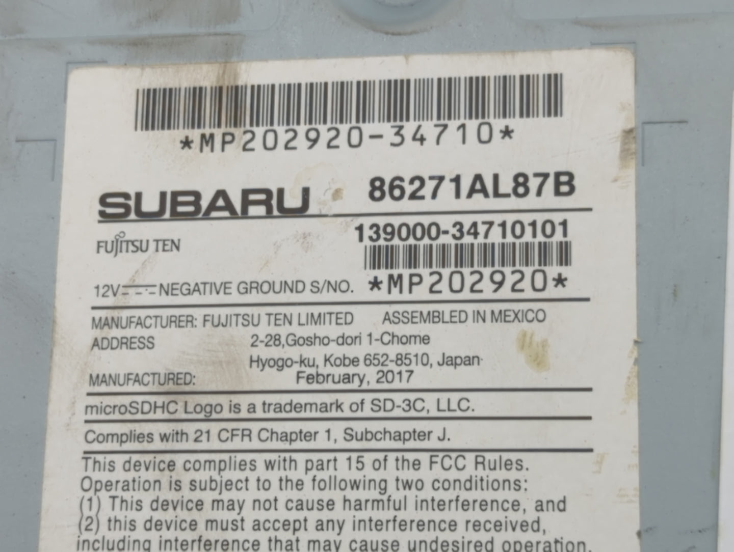 2017 Subaru Legacy Radio AM FM Cd Player Receiver Replacement P/N:86271AL87B Fits OEM Used Auto Parts - Oemusedautoparts1.co