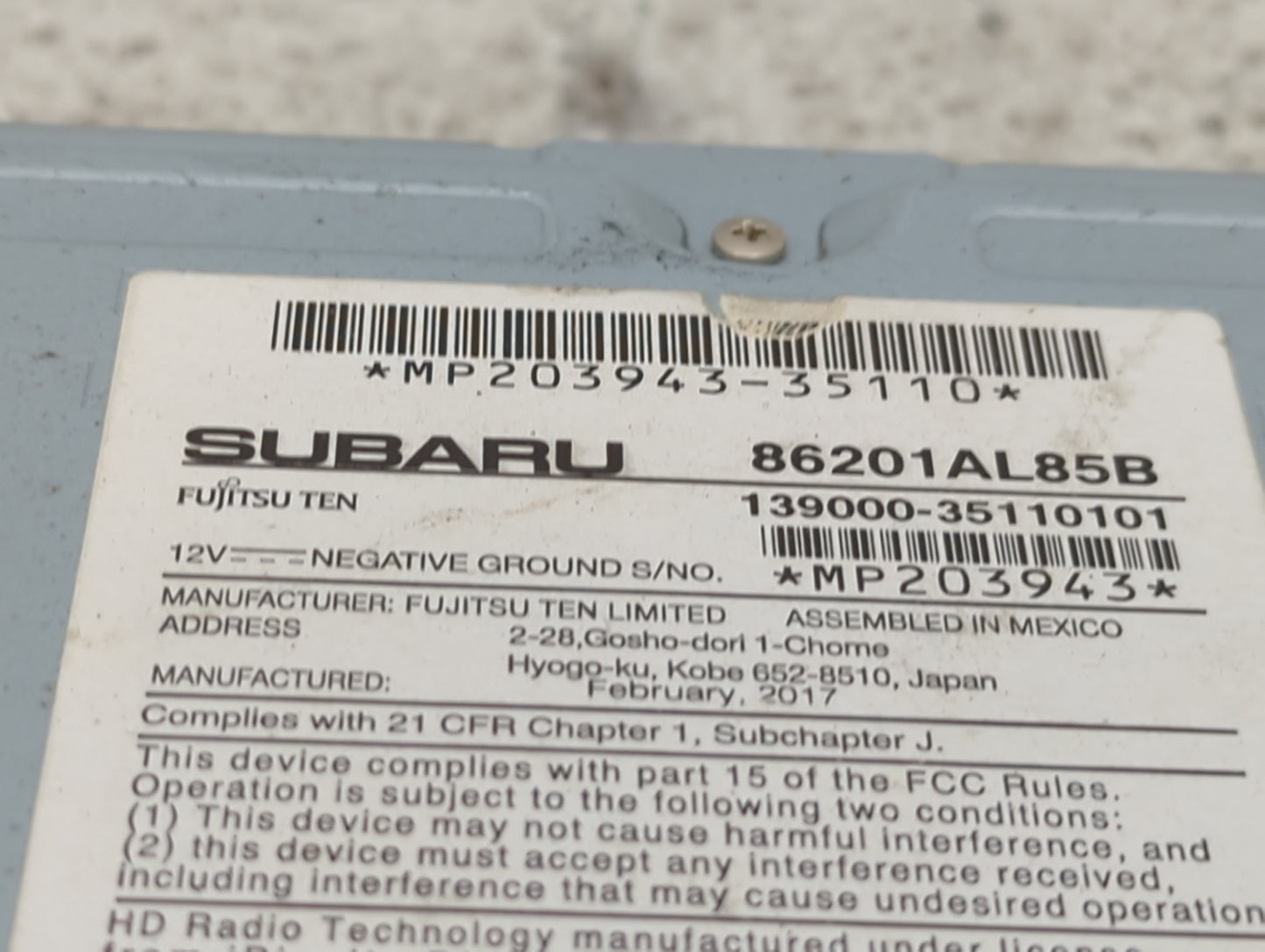 2017 Subaru Legacy Radio AM FM Cd Player Receiver Replacement P/N:86201AL85B Fits OEM Used Auto Parts - Oemusedautoparts1.co
