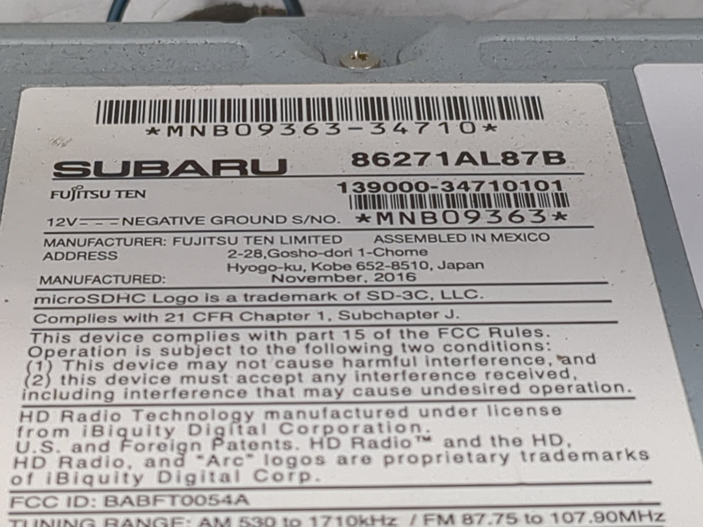 2017 Subaru Legacy Radio AM FM Cd Player Receiver Replacement P/N:86271AL87B 139000-34710101, BABFT0054A Fits OEM Used Auto 