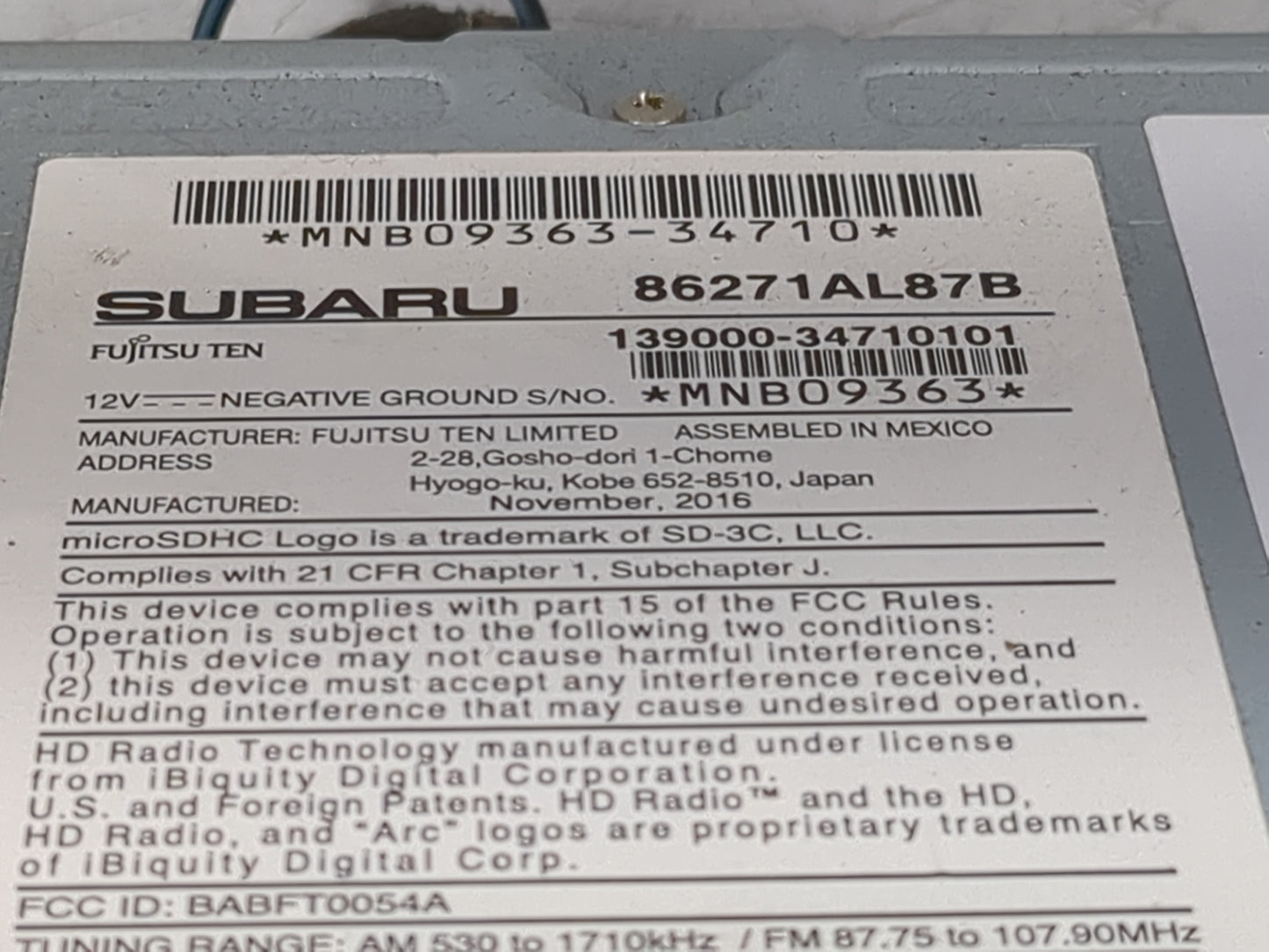 2017 Subaru Legacy Radio AM FM Cd Player Receiver Replacement P/N:86271AL87B 139000-34710101, BABFT0054A Fits OEM Used Auto 