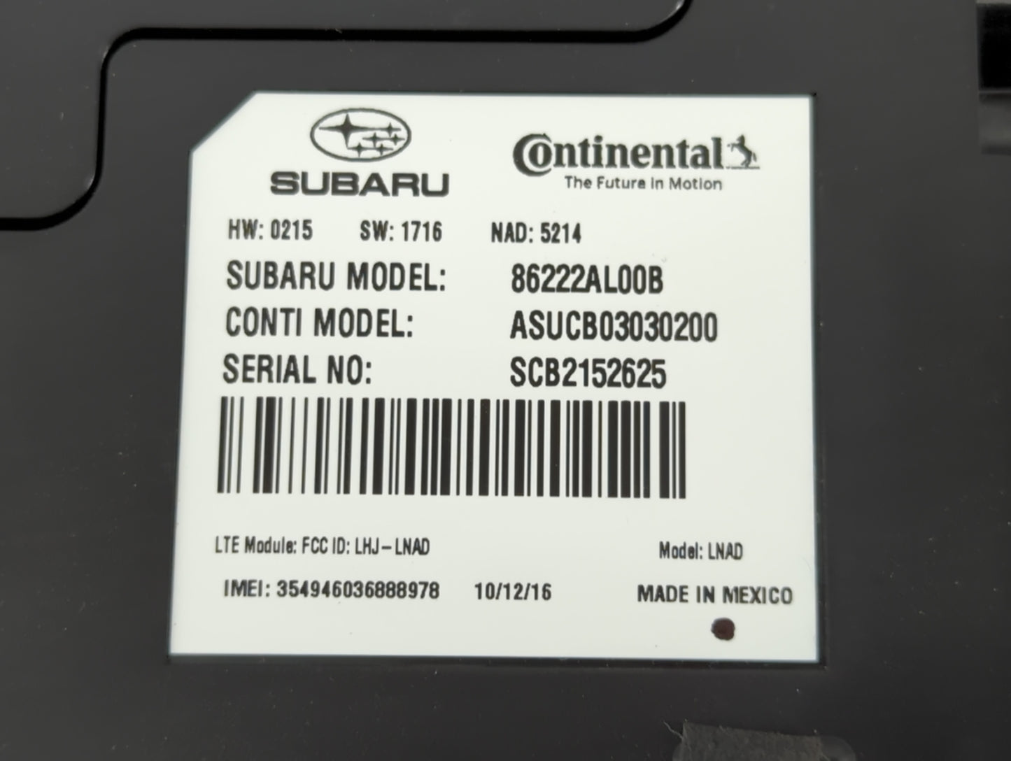 2016 Subaru Legacy Bluetooth Phone Communication Control Module Ccm Oem - Oemusedautoparts1.com