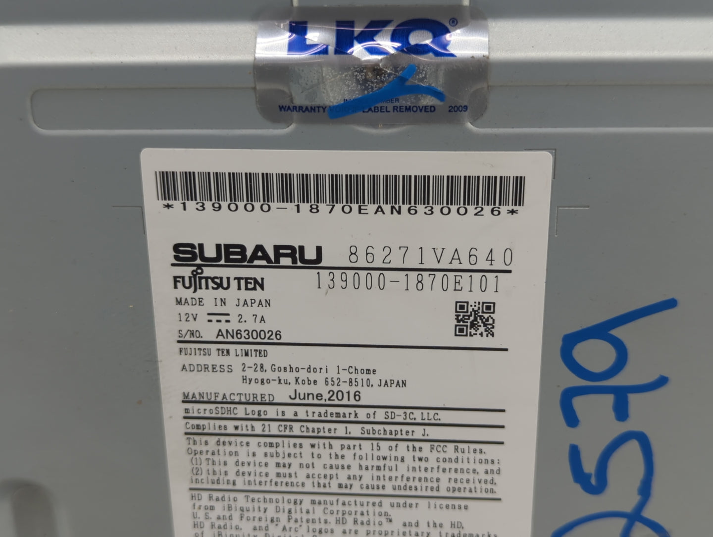 2017-2018 Subaru Wrx Radio AM FM Cd Player Receiver Replacement P/N:86271VA640 Fits Fits 2017 2018 OEM Used Auto Parts - Oem