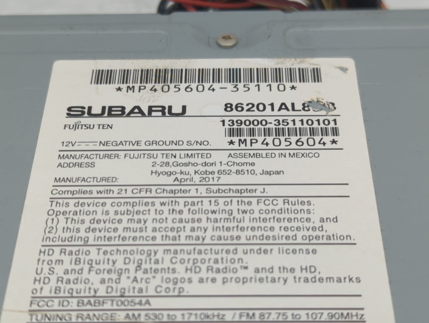 2017 Subaru Xv Crosstrek Radio AM FM Cd Player Receiver Replacement P/N:86201AL8 MP405604-35110, 139000-35110101, MP405604 F