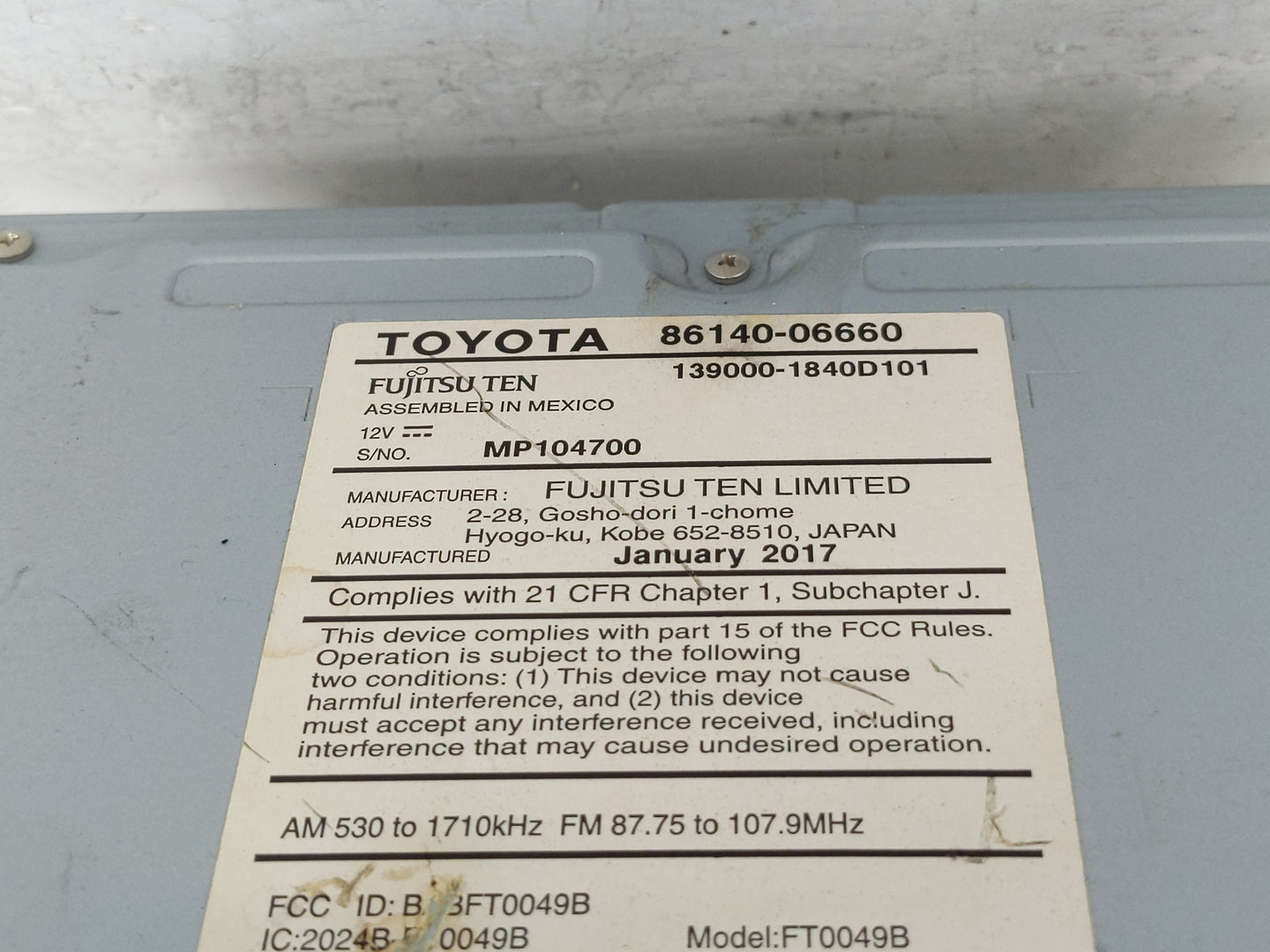 2016-2017 Toyota Camry Radio AM FM Cd Player Receiver Replacement P/N:139000-1840D101 86140-06660 Fits Fits 2016 2017 OEM Us