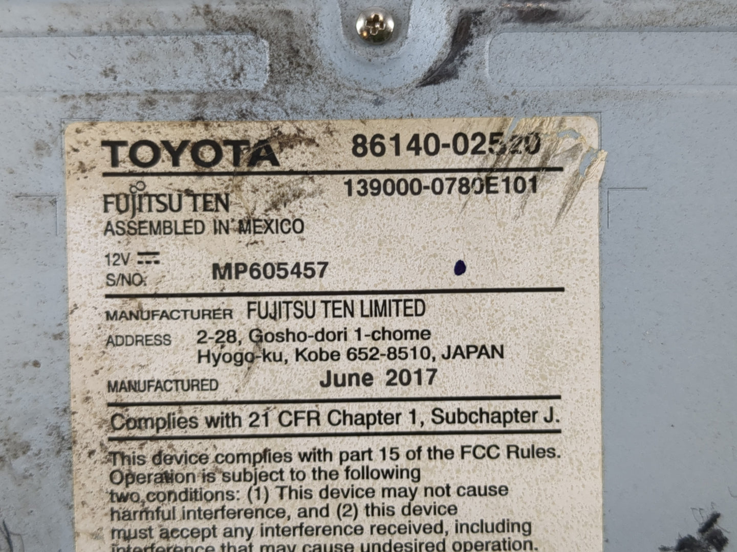 2017-2019 Toyota Corolla Radio AM FM Cd Player Receiver Replacement P/N:86140-02520 Fits Fits 2017 2018 2019 OEM Used Auto P