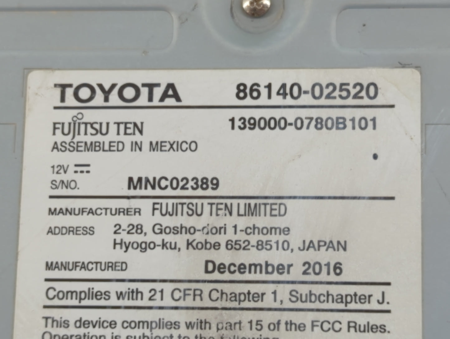 2017-2018 Toyota Corolla Radio AM FM Cd Player Receiver Replacement P/N:86140-02520 Fits Fits 2017 2018 OEM Used Auto Parts 