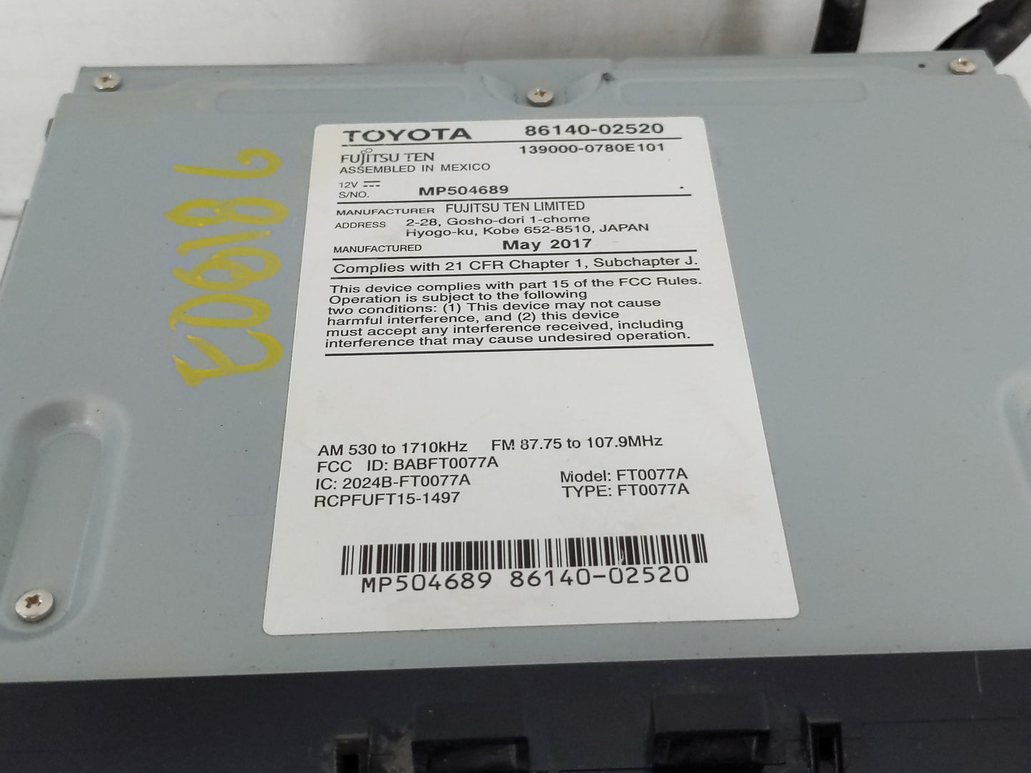 2017-2019 Toyota Corolla Radio AM FM Cd Player Receiver Replacement P/N:86140-02520 Fits Fits 2017 2018 2019 OEM Used Auto P