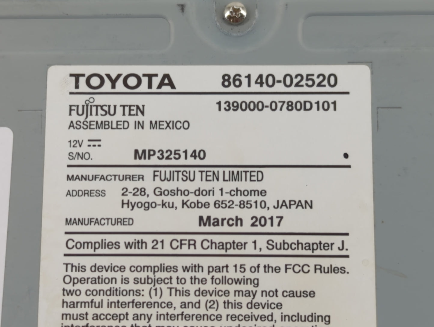 2017 Toyota Corolla Radio AM FM Cd Player Receiver Replacement P/N:86140-02520 Fits OEM Used Auto Parts - Oemusedautoparts1.