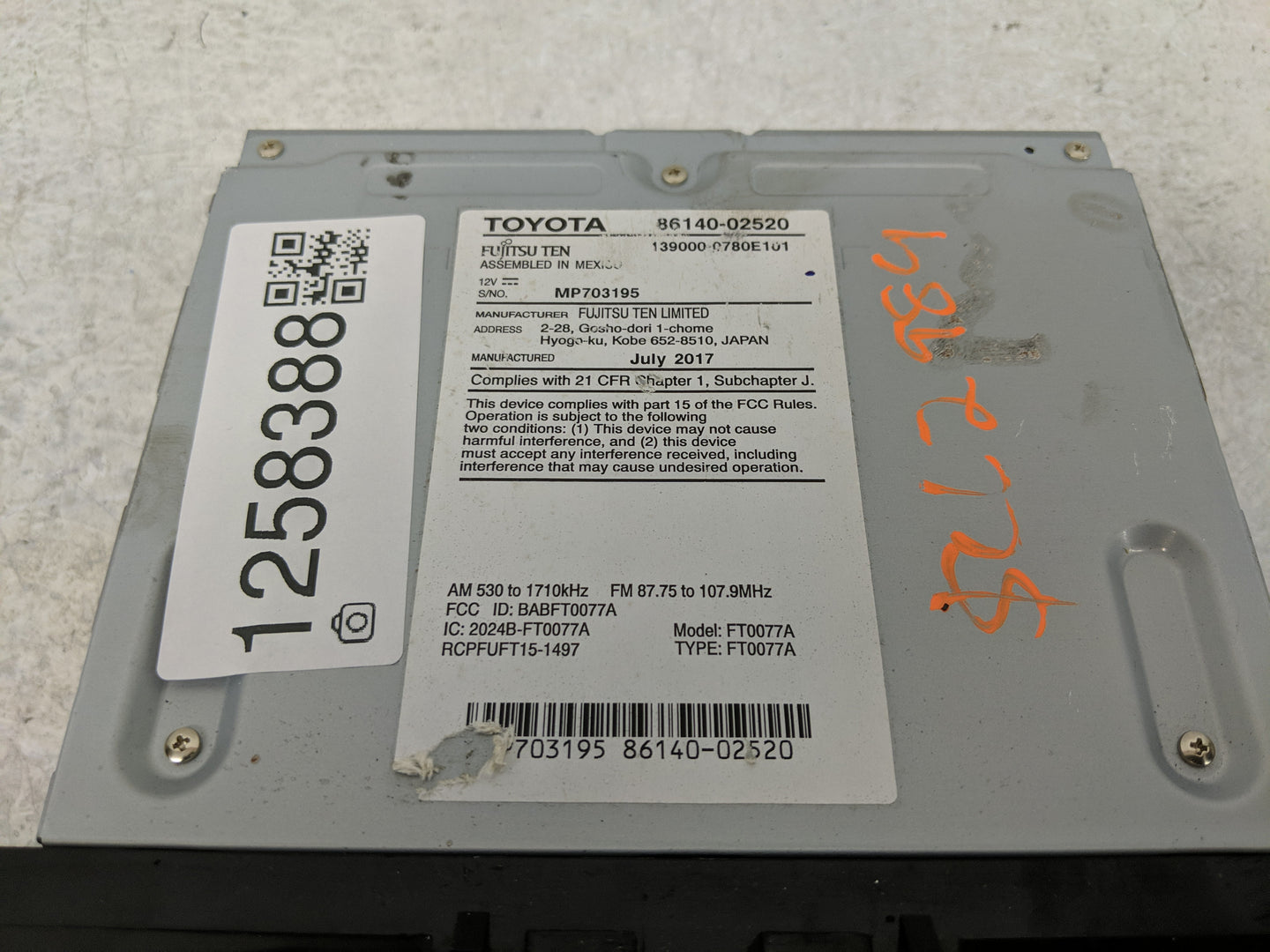 2017-2019 Toyota Corolla Radio AM FM Cd Player Receiver Replacement P/N:86140-02520 Fits Fits 2017 2018 2019 OEM Used Auto P