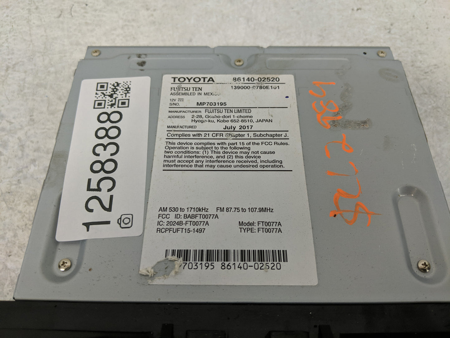 2017-2019 Toyota Corolla Radio AM FM Cd Player Receiver Replacement P/N:86140-02520 Fits Fits 2017 2018 2019 OEM Used Auto P