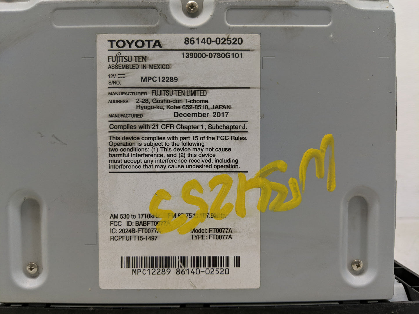 2017-2019 Toyota Corolla Radio AM FM Cd Player Receiver Replacement P/N:86140-02520 Fits Fits 2017 2018 2019 OEM Used Auto P