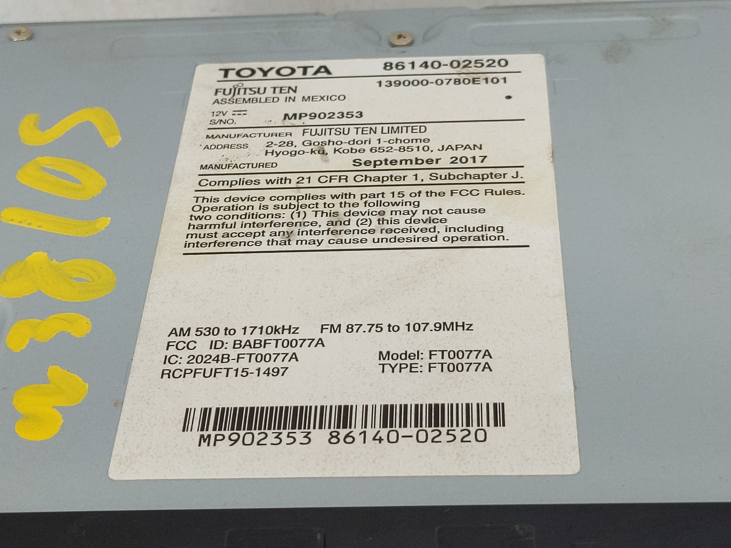 2017-2019 Toyota Corolla Radio AM FM Cd Player Receiver Replacement P/N:139000-0780E101 86140-02520 Fits Fits 2017 2018 2019
