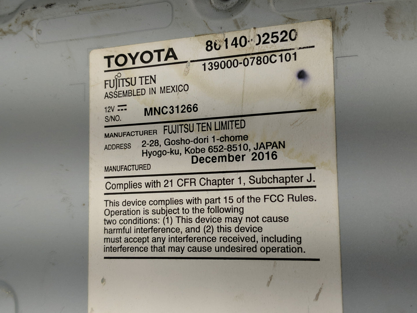2017-2019 Toyota Corolla Radio AM FM Cd Player Receiver Replacement P/N:139000-0780B101 86140-02520 Fits Fits 2017 2018 2019