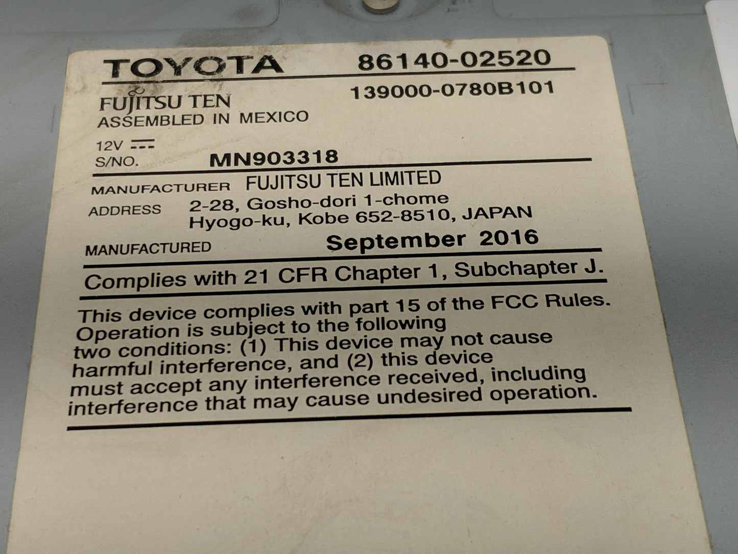 2017-2019 Toyota Corolla Radio AM FM Cd Player Receiver Replacement P/N:139000-0780B101 86140-02520 Fits Fits 2017 2018 2019