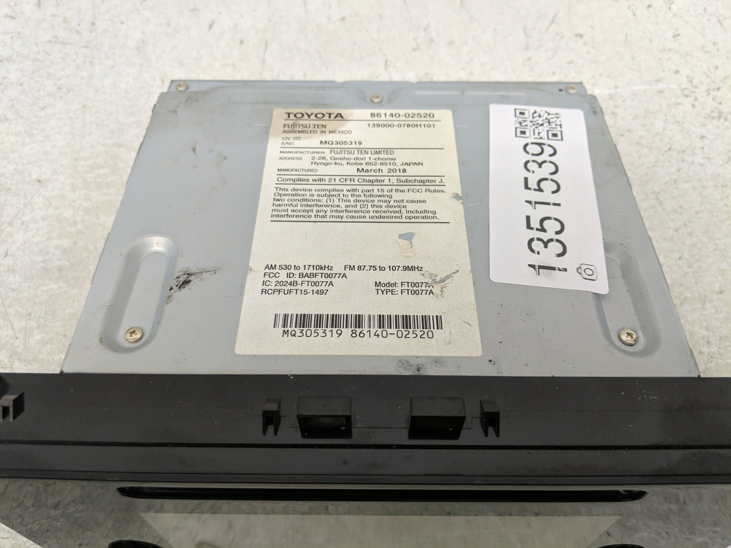 2017-2019 Toyota Corolla Radio AM FM Cd Player Receiver Replacement P/N:86140-02520 Fits Fits 2017 2018 2019 OEM Used Auto P