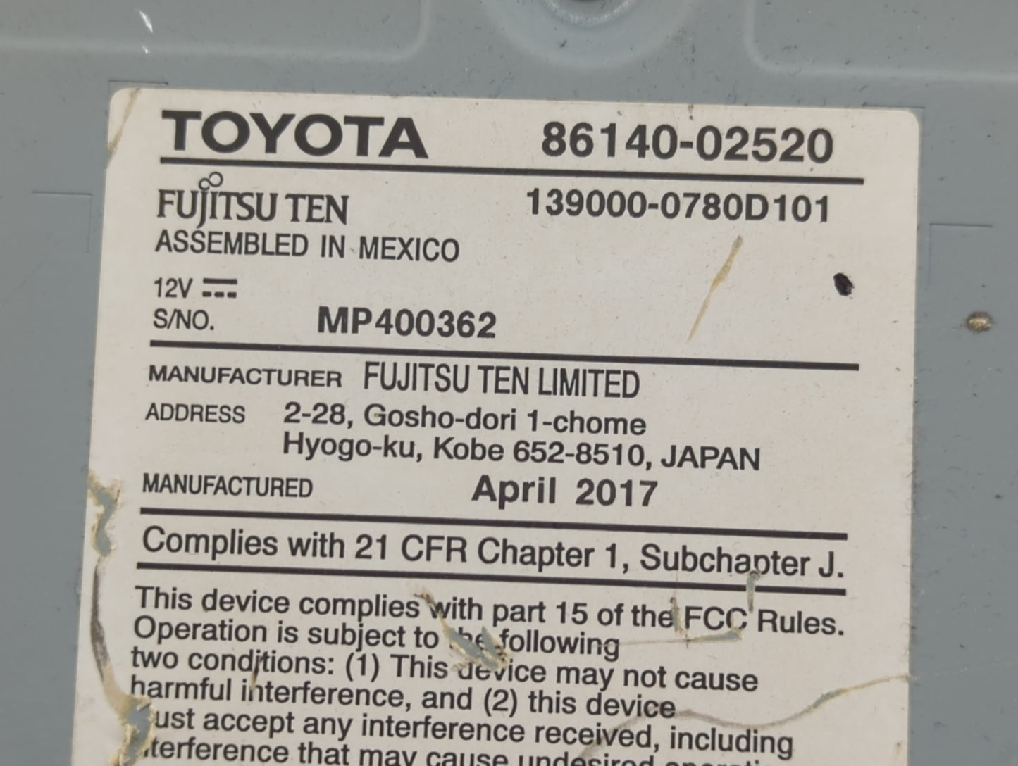 2017-2019 Toyota Corolla Radio AM FM Cd Player Receiver Replacement P/N:86140-02520 Fits Fits 2017 2018 2019 OEM Used Auto P
