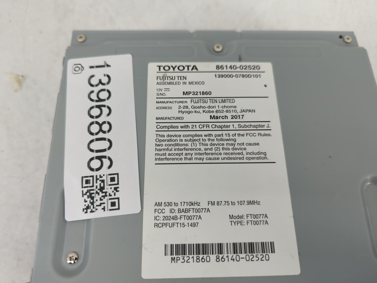 2017-2019 Toyota Corolla Radio AM FM Cd Player Receiver Replacement P/N:86140-02520 Fits Fits 2017 2018 2019 OEM Used Auto P