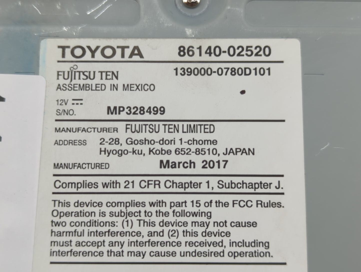 2017-2019 Toyota Corolla Radio AM FM Cd Player Receiver Replacement P/N:86140-02520 Fits Fits 2017 2018 2019 OEM Used Auto P