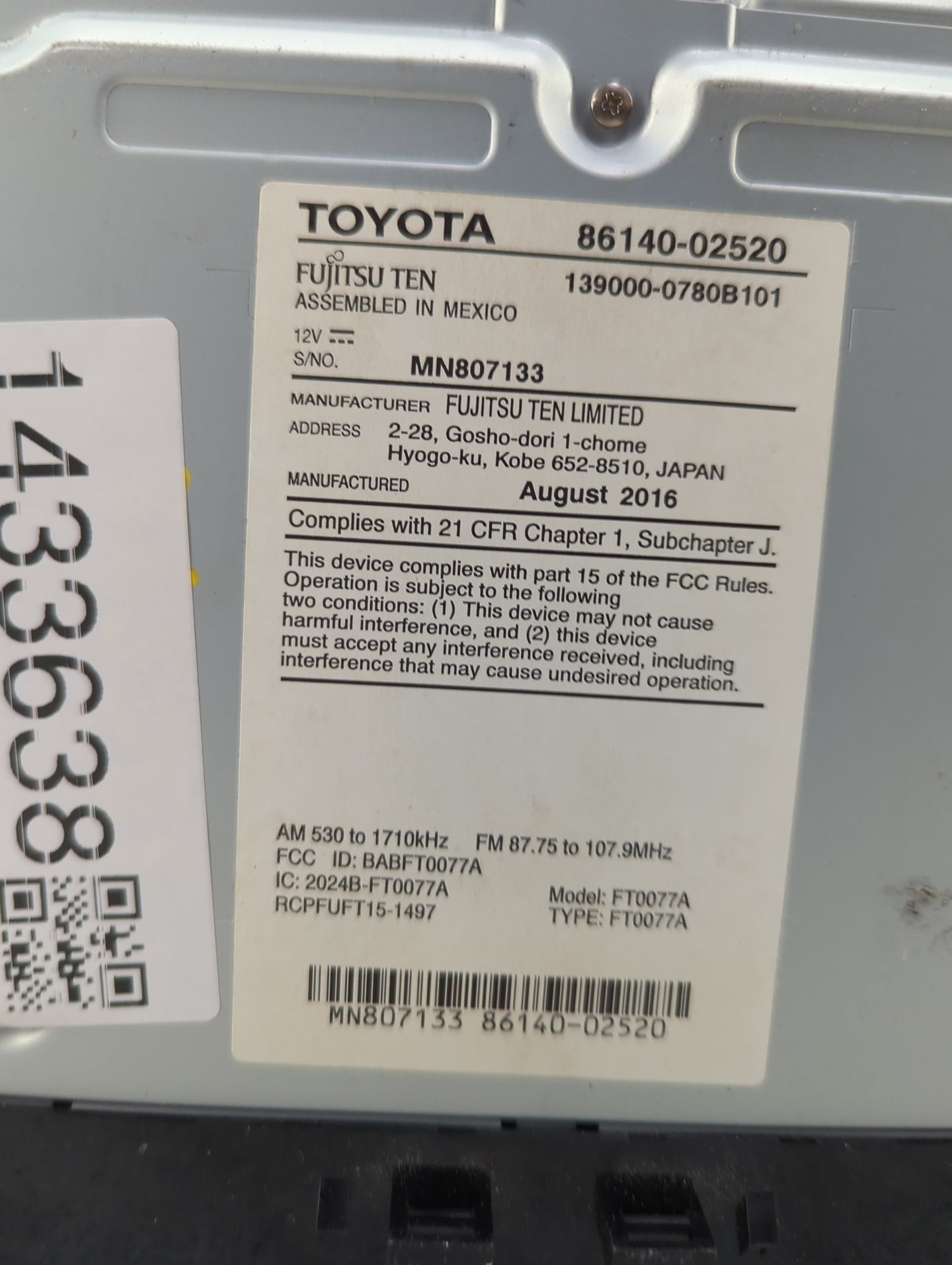 2017-2019 Toyota Corolla Radio AM FM Cd Player Receiver Replacement P/N:86140-02520 139000-0780B101 Fits Fits 2017 2018 2019