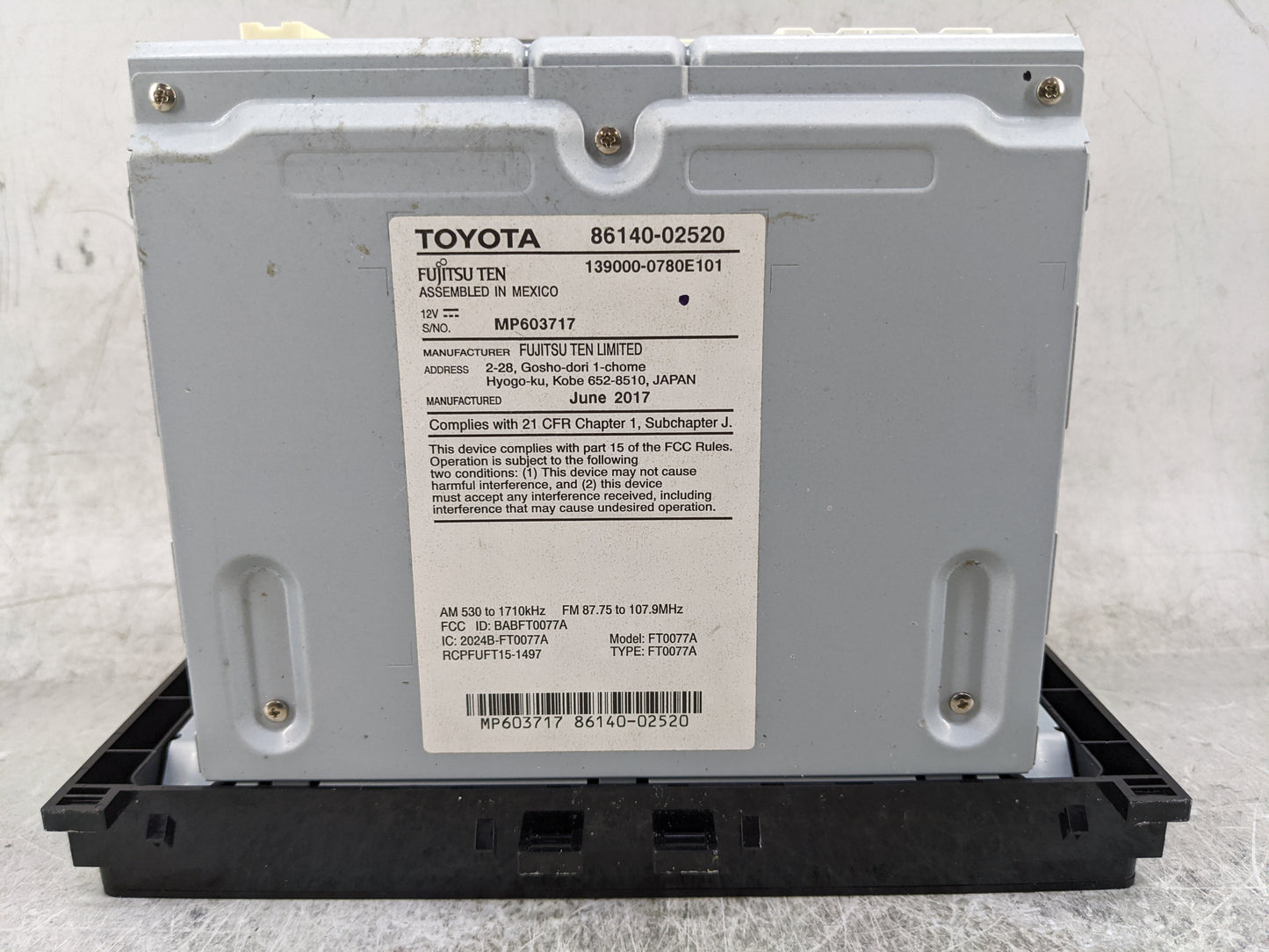 2017-2019 Toyota Corolla Radio AM FM Cd Player Receiver Replacement P/N:86140-02520 139000-0780E101 Fits Fits 2017 2018 2019