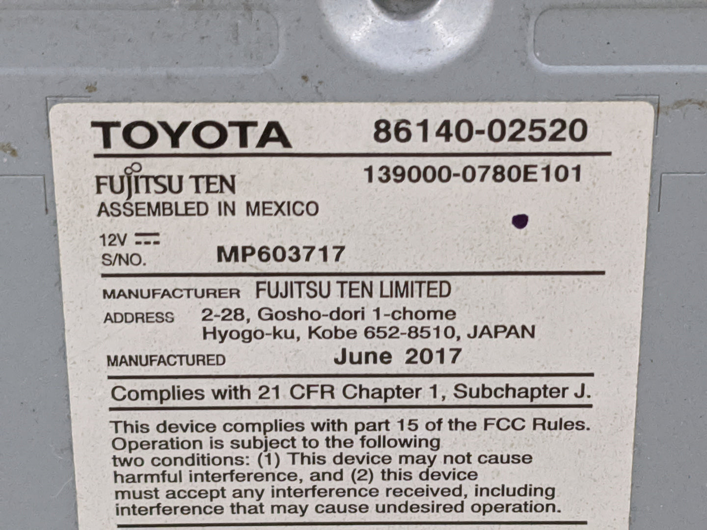 2017-2019 Toyota Corolla Radio AM FM Cd Player Receiver Replacement P/N:86140-02520 139000-0780E101 Fits Fits 2017 2018 2019