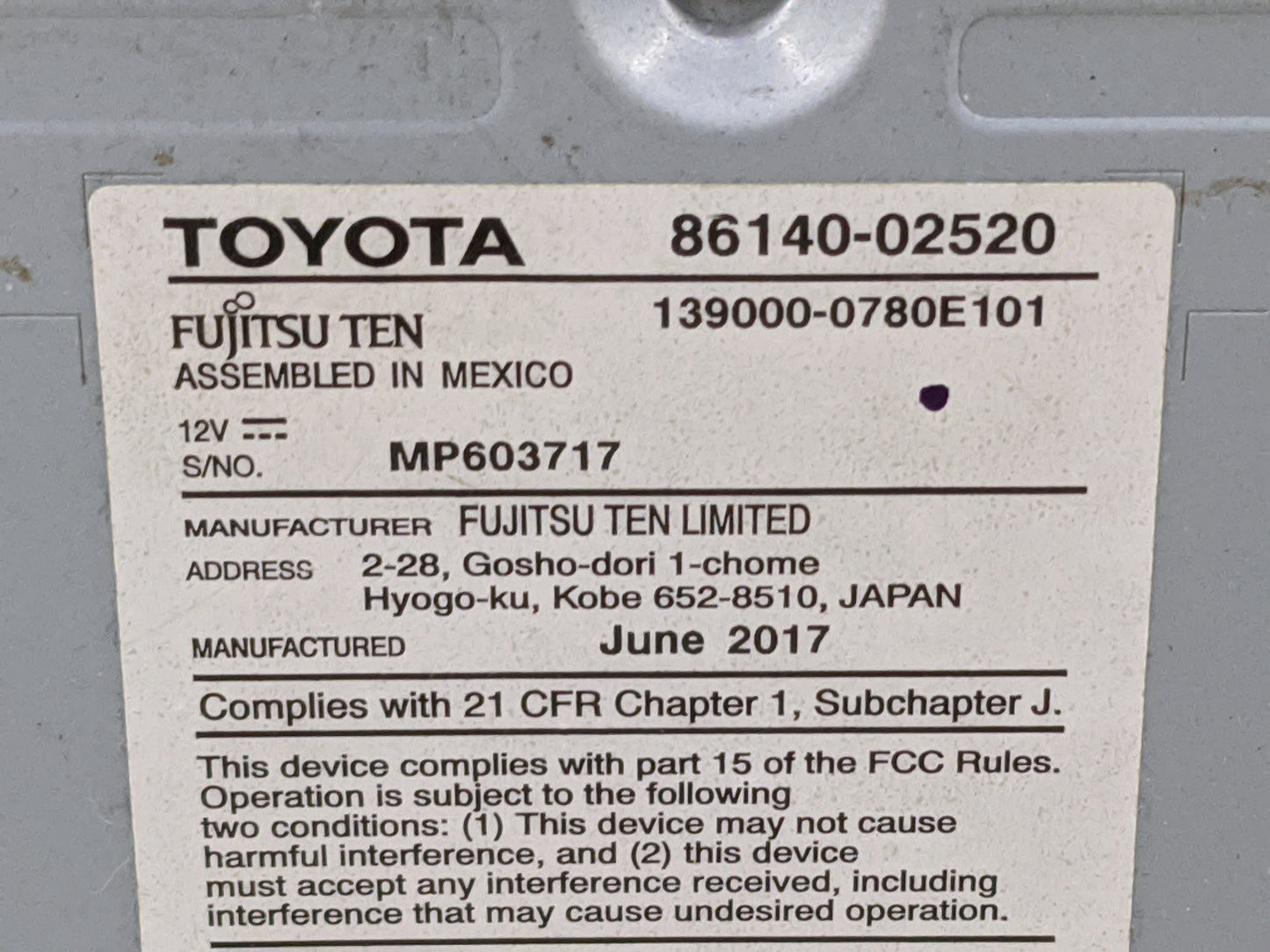 2017-2019 Toyota Corolla Radio AM FM Cd Player Receiver Replacement P/N:86140-02520 139000-0780E101 Fits Fits 2017 2018 2019