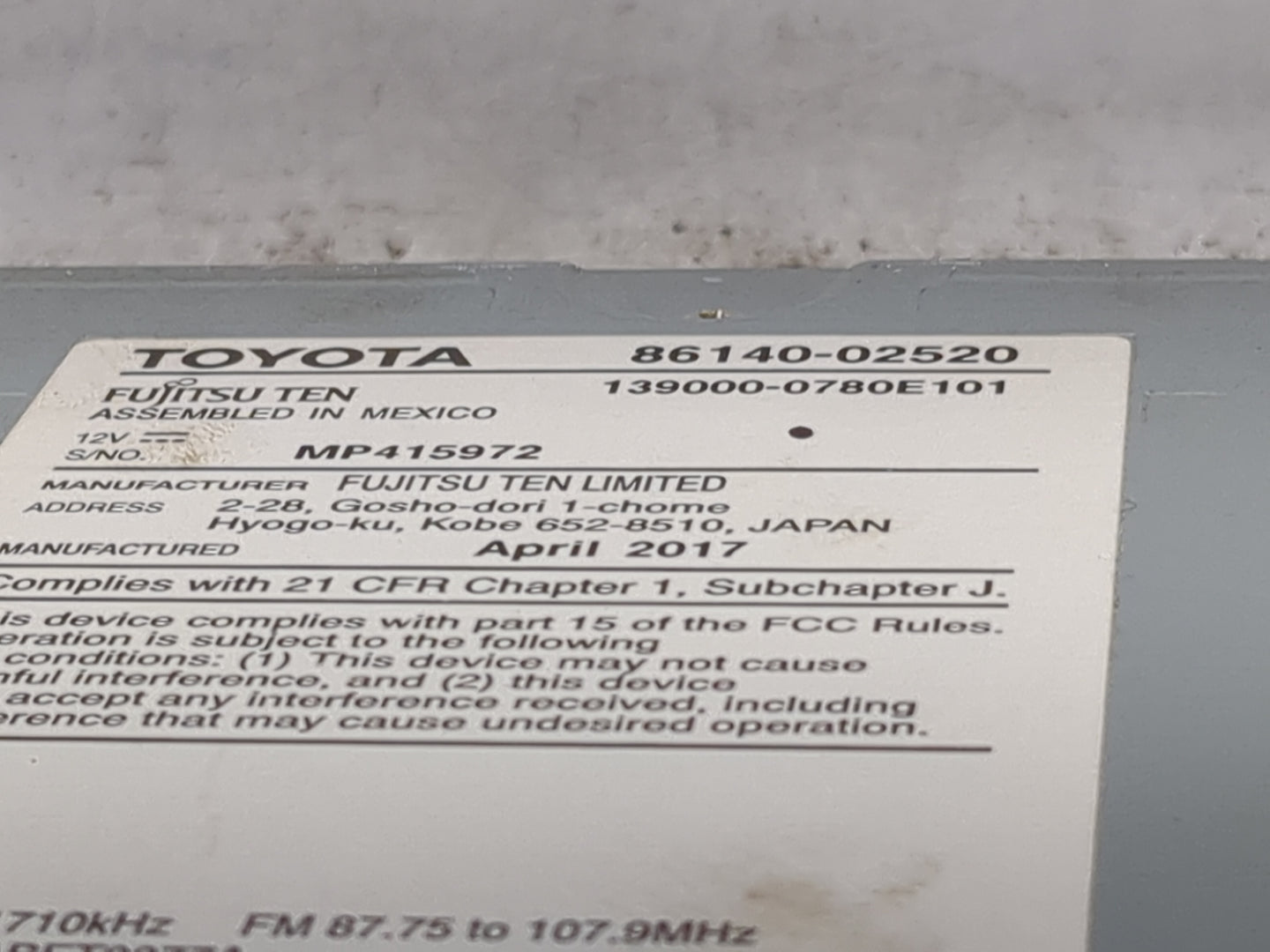 2017-2019 Toyota Corolla Radio AM FM Cd Player Receiver Replacement P/N:86140-02520 139000-0780E101 Fits Fits 2017 2018 2019