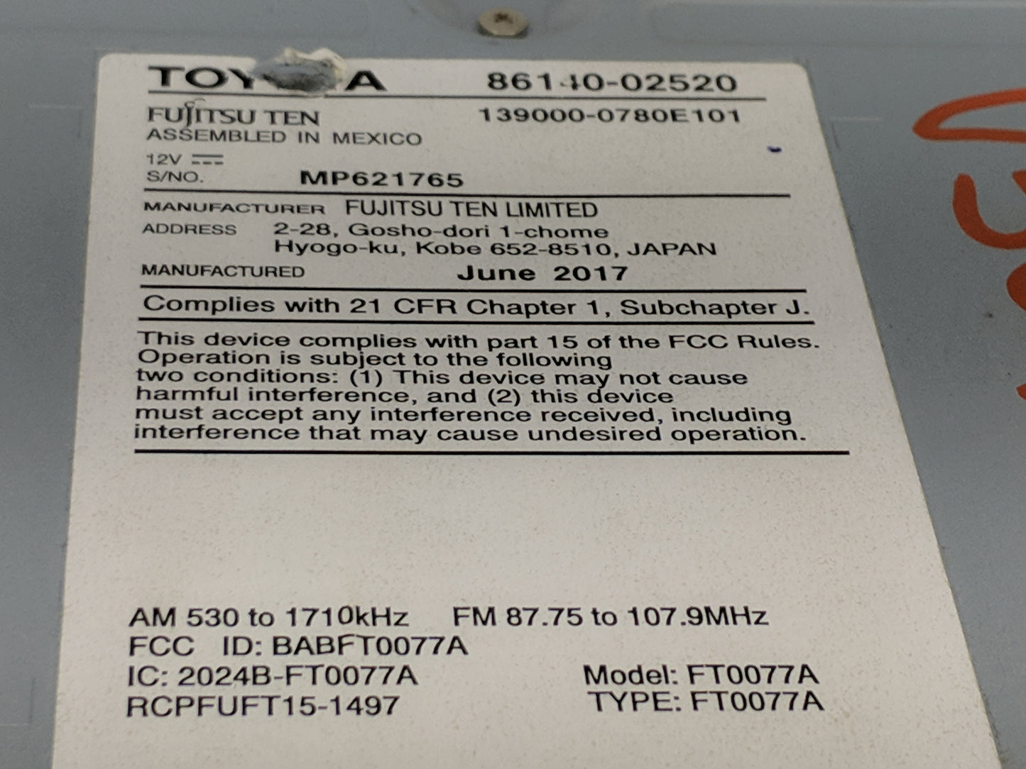 2017-2019 Toyota Corolla Radio AM FM Cd Player Receiver Replacement P/N:86140-02520 139000-0780E101 Fits Fits 2017 2018 2019