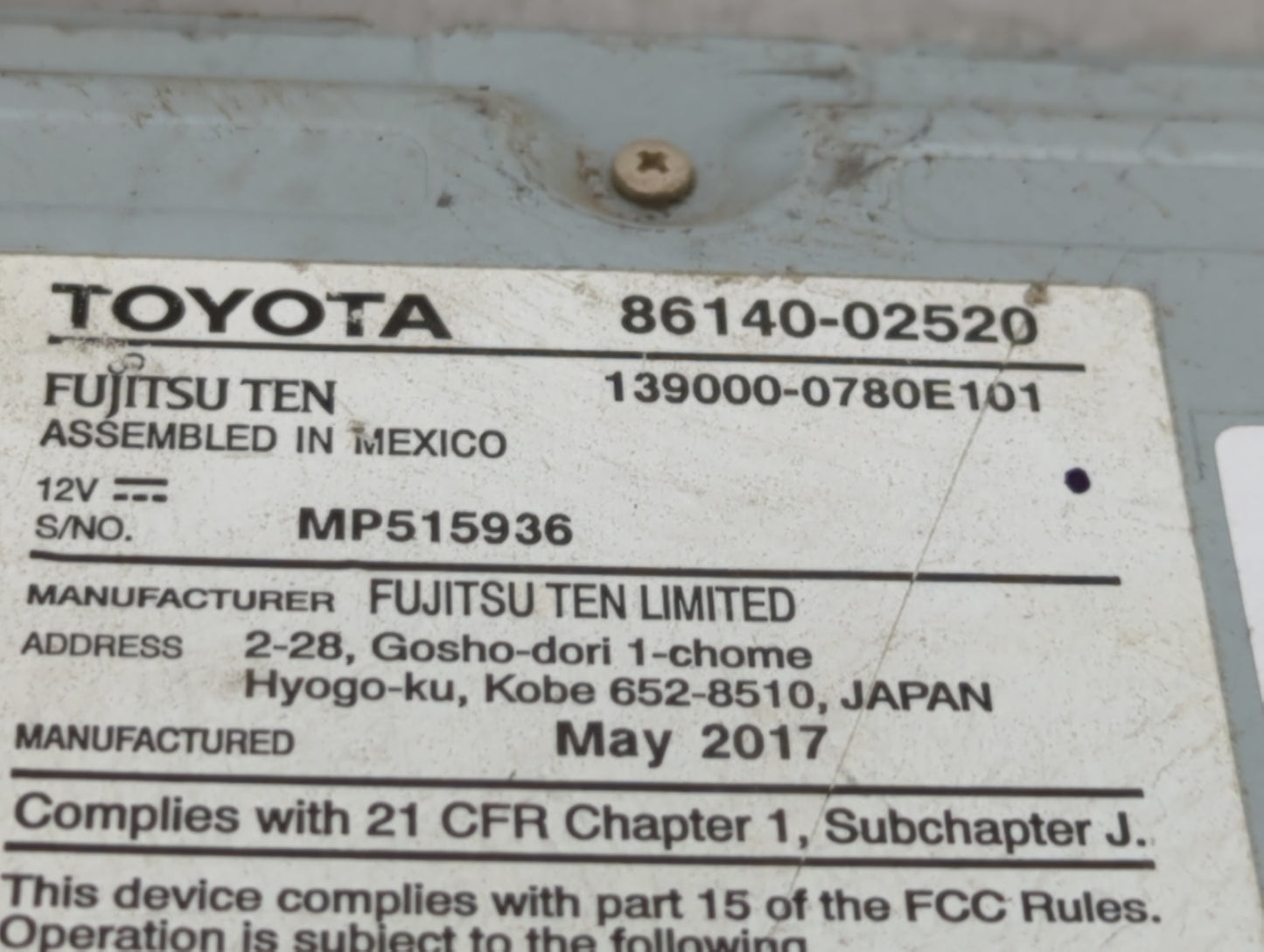 2017-2018 Toyota Corolla Am Fm Cd Player Radio Receiver - Oemusedautoparts1.com