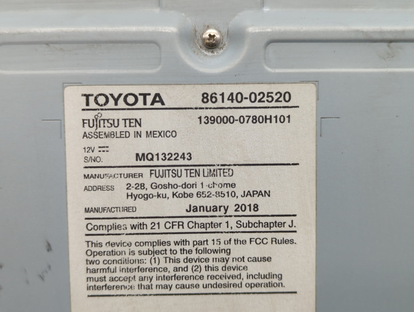 2017-2018 Toyota Corolla Radio AM FM Cd Player Receiver Replacement P/N:86140-02521 86140-02520 Fits Fits 2017 2018 OEM Used