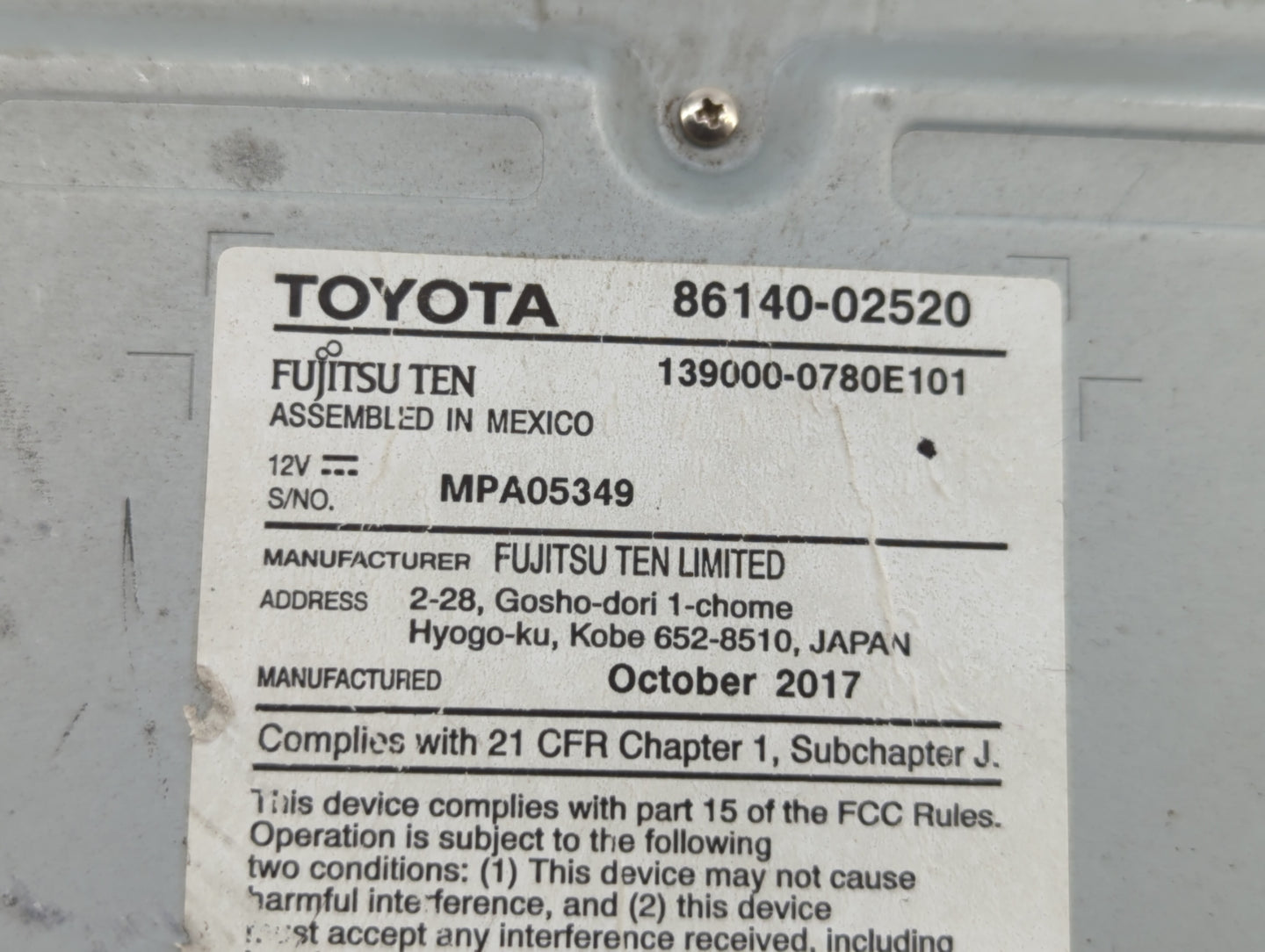 2017-2018 Toyota Corolla Radio AM FM Cd Player Receiver Replacement P/N:86140-02521 86140-02520 Fits Fits 2017 2018 OEM Used
