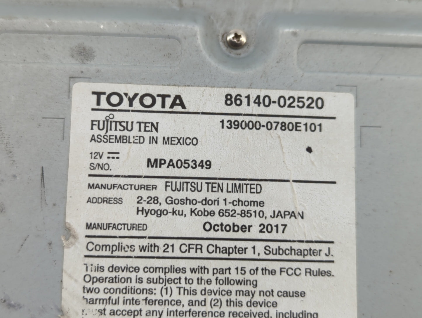 2017-2018 Toyota Corolla Radio AM FM Cd Player Receiver Replacement P/N:86140-02521 86140-02520 Fits Fits 2017 2018 OEM Used