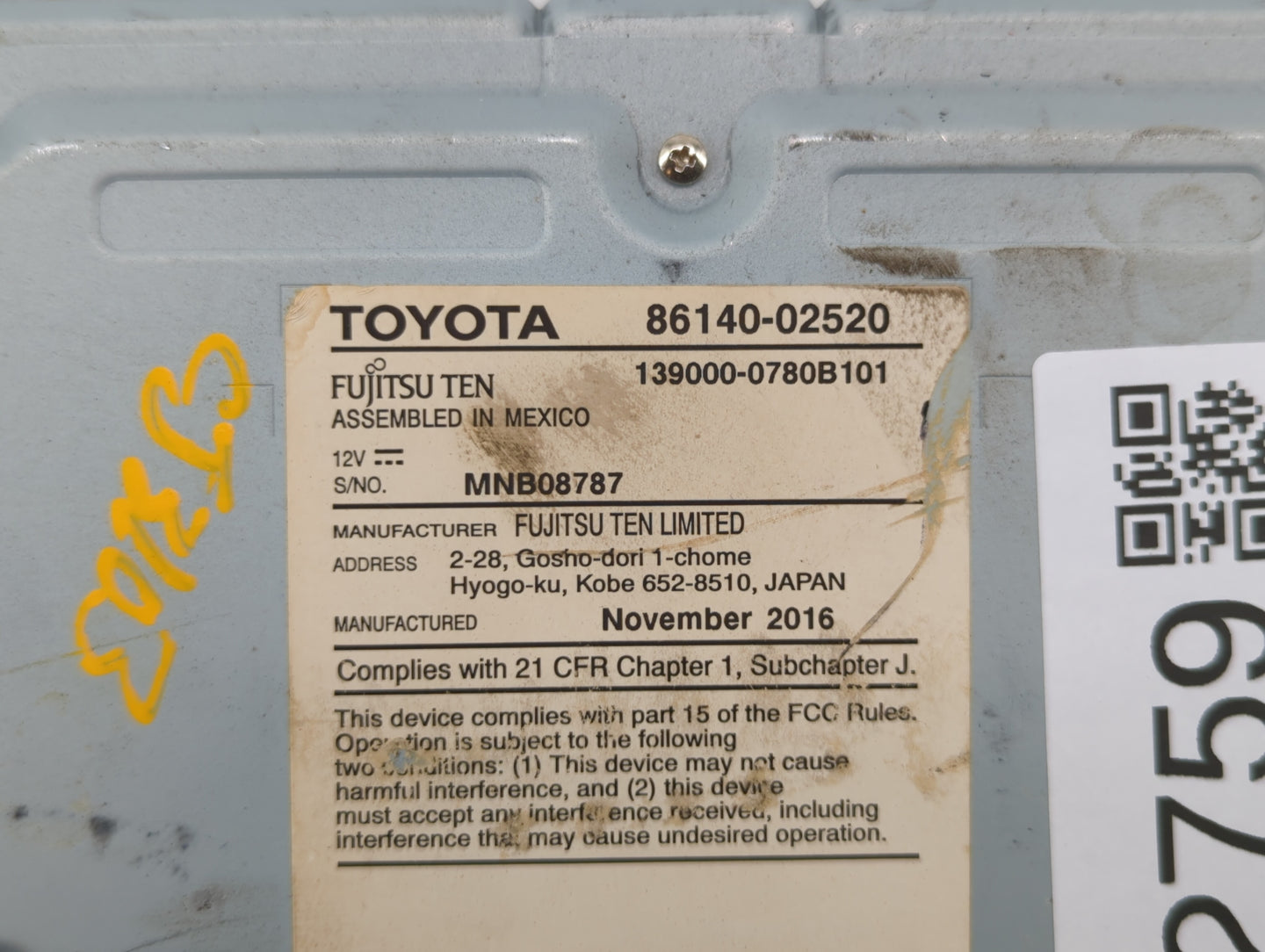 2017-2019 Toyota Corolla Am Fm Cd Player Radio Receiver - Oemusedautoparts1.com