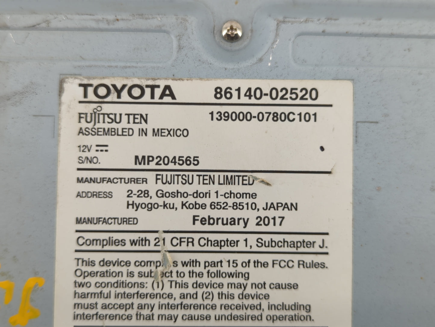 2017-2019 Toyota Corolla Am Fm Cd Player Radio Receiver - Oemusedautoparts1.com