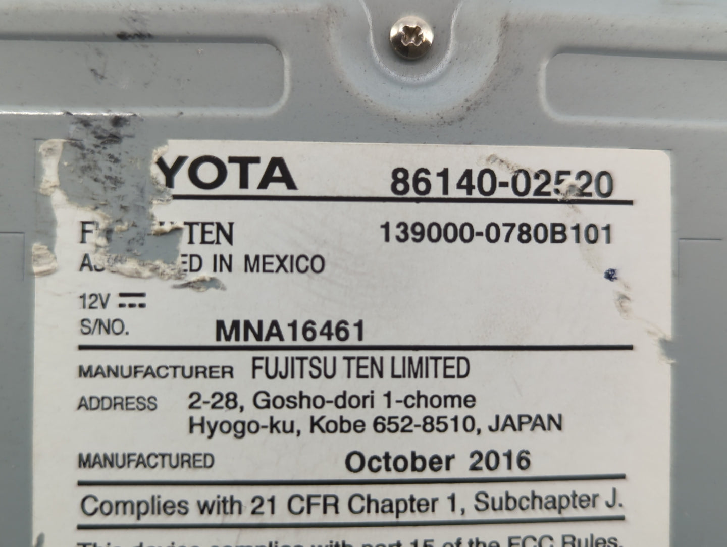 2017-2019 Toyota Corolla Am Fm Cd Player Radio Receiver - Oemusedautoparts1.com