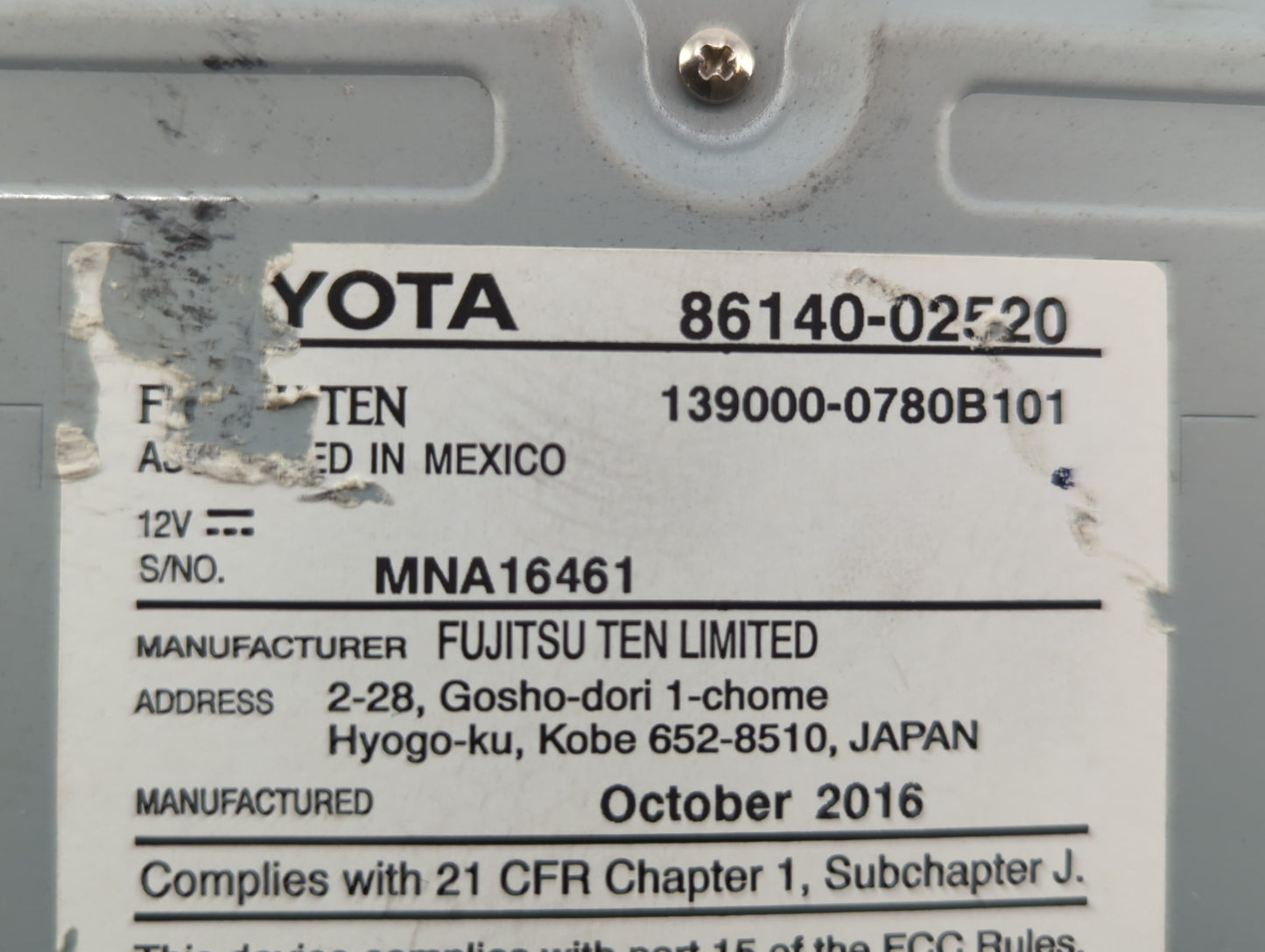 2017-2019 Toyota Corolla Am Fm Cd Player Radio Receiver - Oemusedautoparts1.com