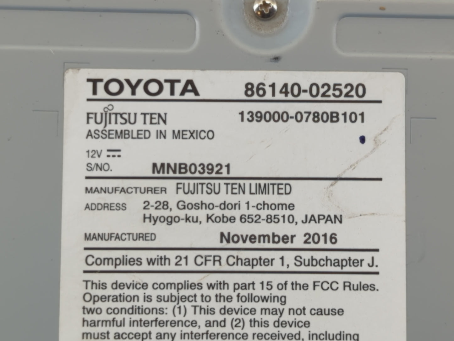 2017-2019 Toyota Corolla Am Fm Cd Player Radio Receiver - Oemusedautoparts1.com