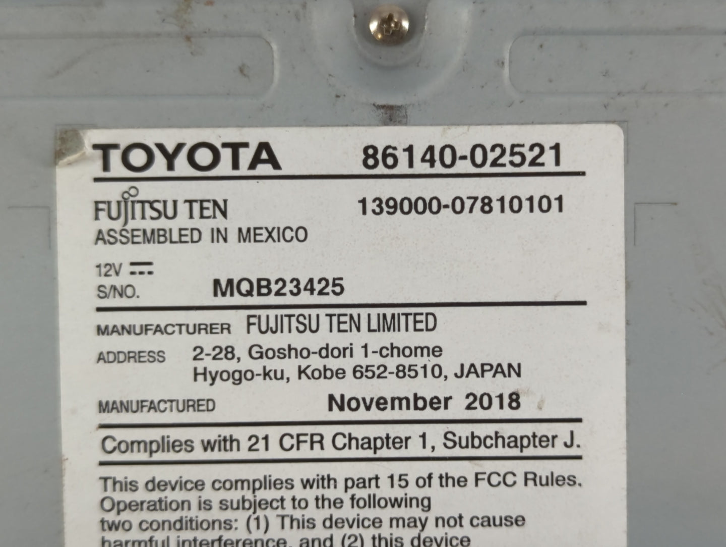 2017-2019 Toyota Corolla Am Fm Cd Player Radio Receiver - Oemusedautoparts1.com
