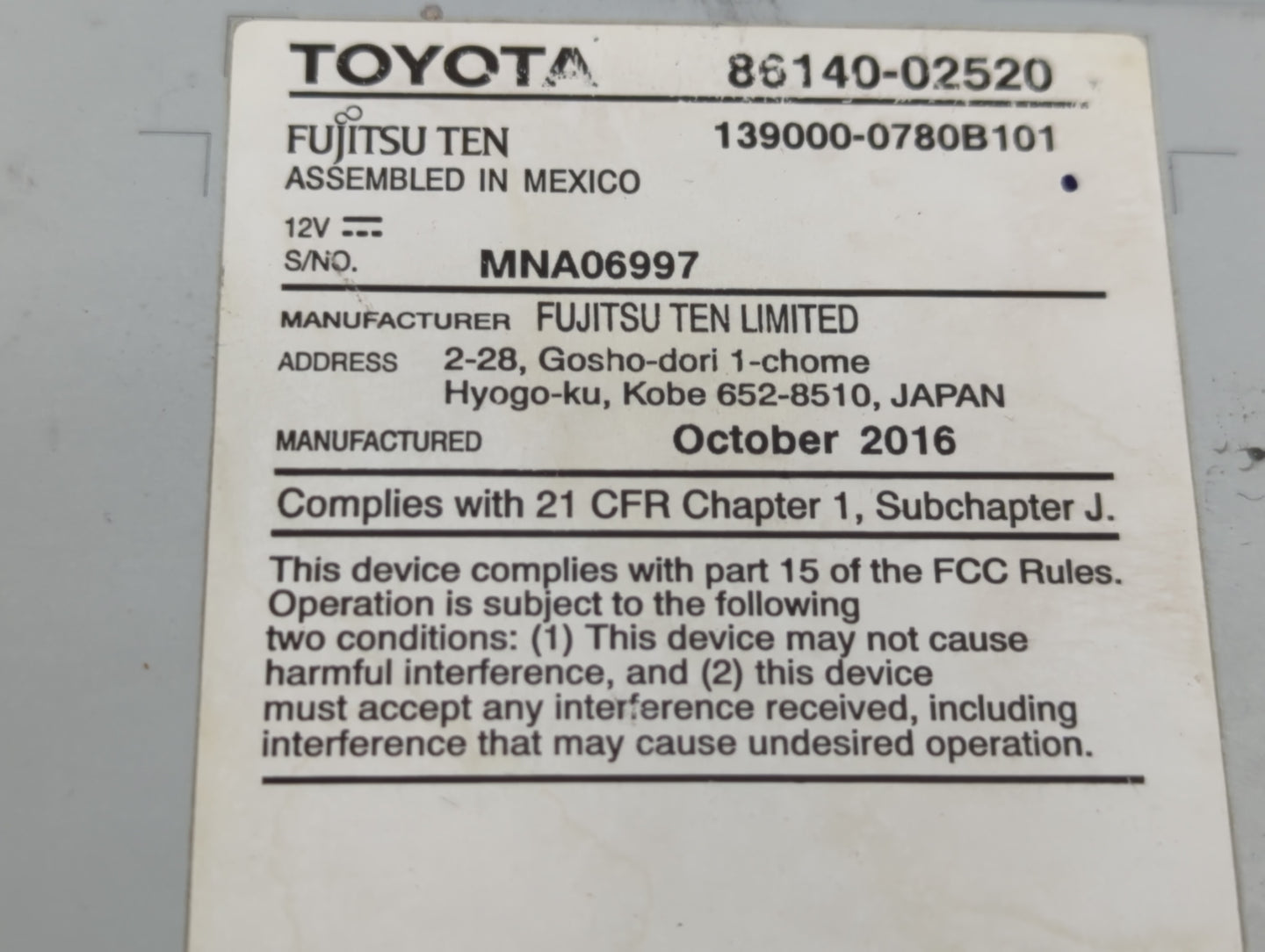 2017-2019 Toyota Corolla Am Fm Cd Player Radio Receiver - Oemusedautoparts1.com