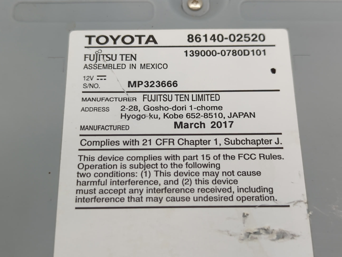 2017-2019 Toyota Corolla Am Fm Cd Player Radio Receiver - Oemusedautoparts1.com