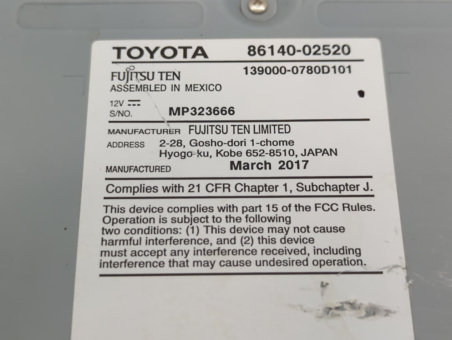 2017-2019 Toyota Corolla Am Fm Cd Player Radio Receiver - Oemusedautoparts1.com