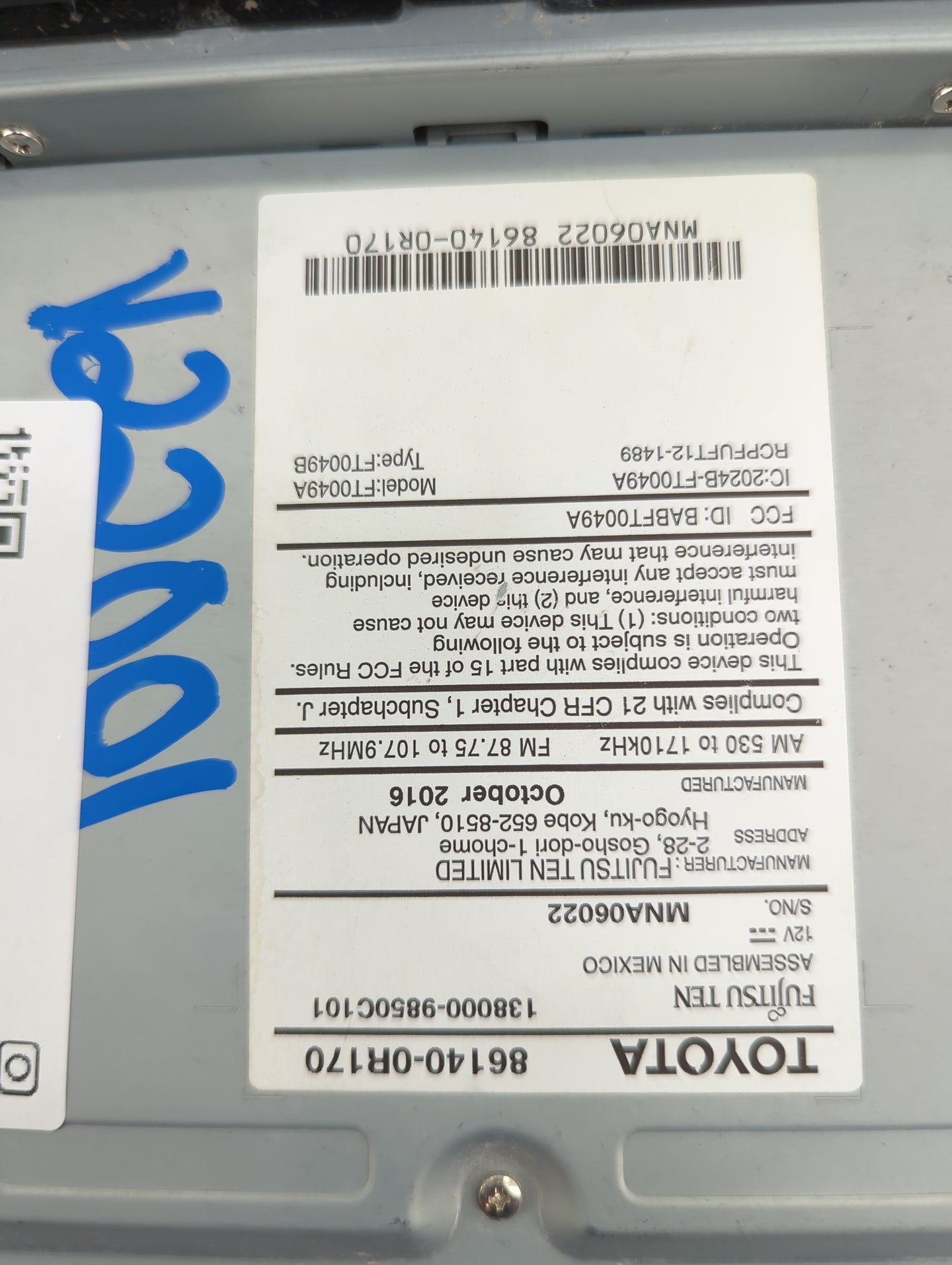 2016-2018 Toyota Rav4 Radio AM FM Cd Player Receiver Replacement P/N:86140-0R170 138000-9850C101 Fits Fits 2016 2017 2018 OE