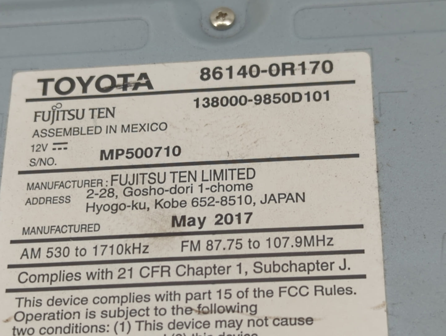 2016-2018 Toyota Rav4 Radio AM FM Cd Player Receiver Replacement P/N:86140-0R170 Fits Fits 2016 2017 2018 OEM Used Auto Part