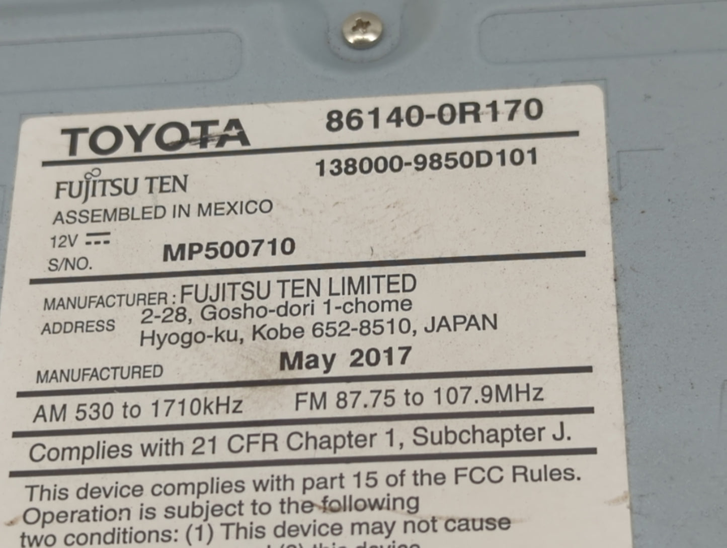 2016-2018 Toyota Rav4 Radio AM FM Cd Player Receiver Replacement P/N:86140-0R170 Fits Fits 2016 2017 2018 OEM Used Auto Part