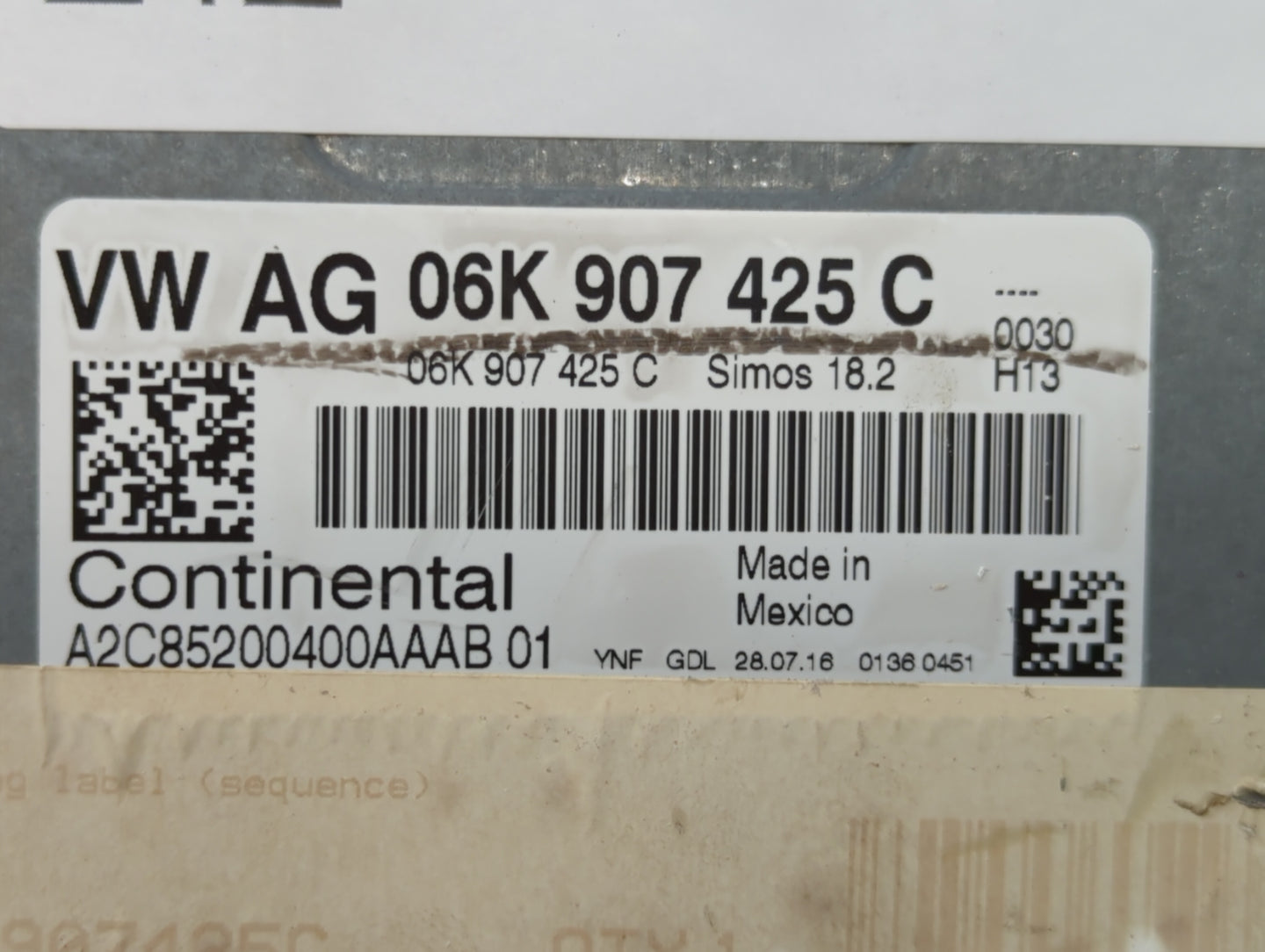 2017 Volkswagen Beetle PCM Engine Control Computer ECU ECM PCU OEM P/N:06K 907 425 C 06K907425C Fits OEM Used Auto Parts - O