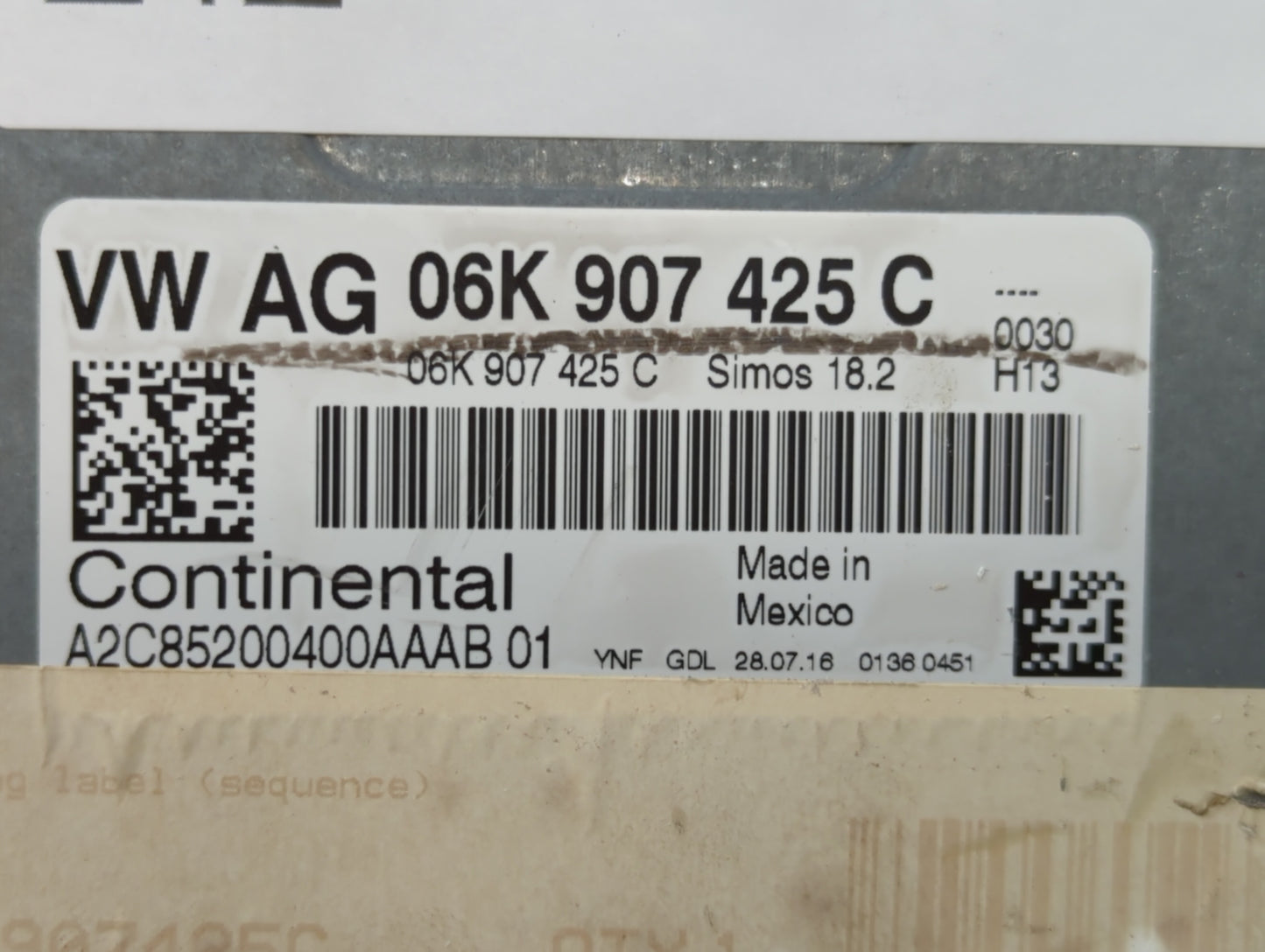 2017 Volkswagen Beetle PCM Engine Control Computer ECU ECM PCU OEM P/N:06K 907 425 C 06K907425C Fits OEM Used Auto Parts - O