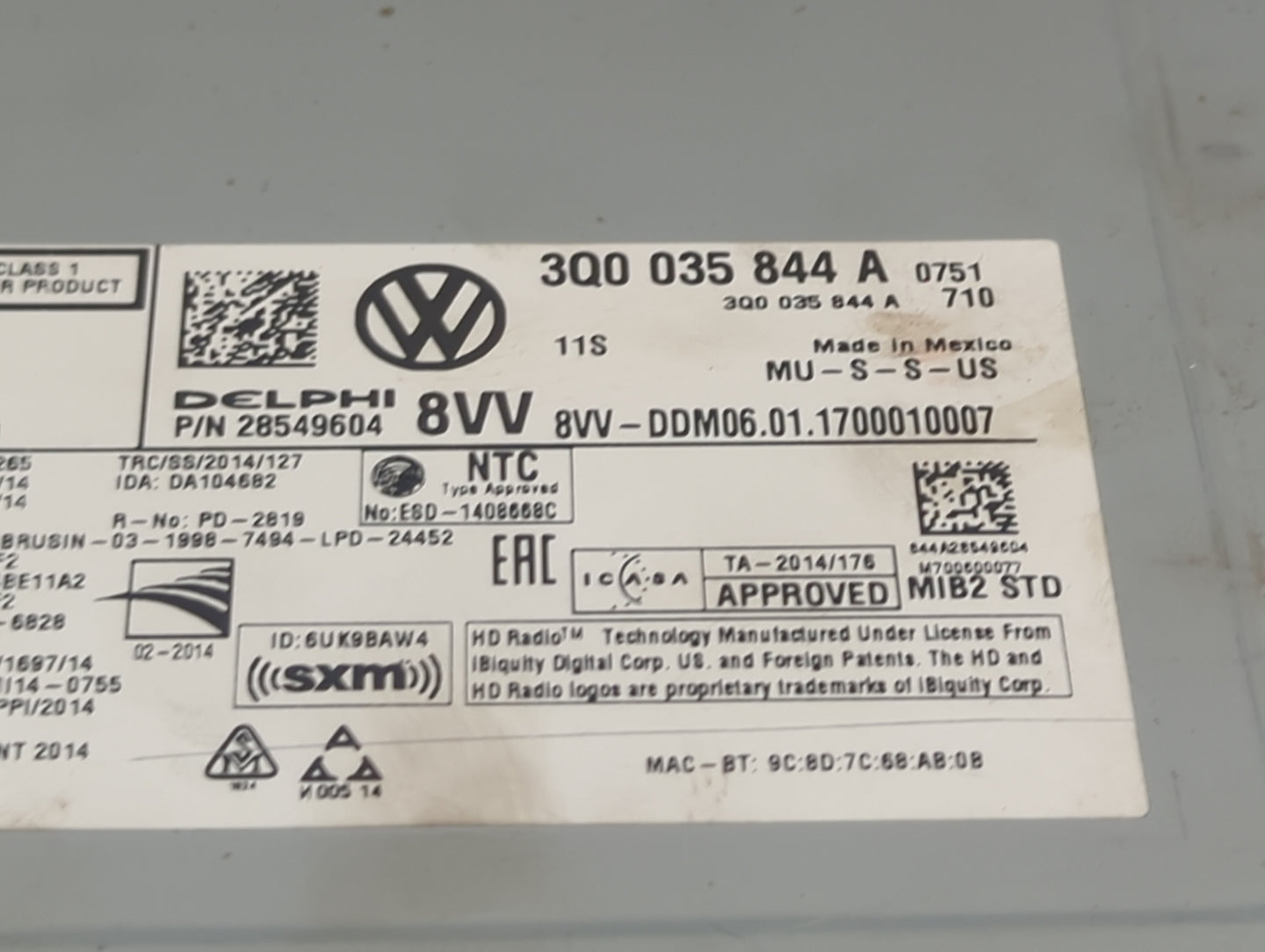 2017 Volkswagen Golf Gti Radio AM FM Cd Player Receiver Replacement P/N:3Q0035844A 28549604 Fits Fits 2016 OEM Used Auto Par