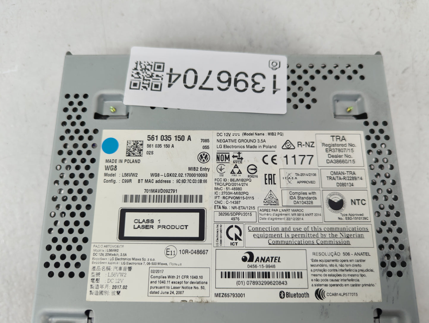 2017 Volkswagen Jetta Radio AM FM Cd Player Receiver Replacement P/N:561 035 150 A Fits OEM Used Auto Parts - Oemusedautopar