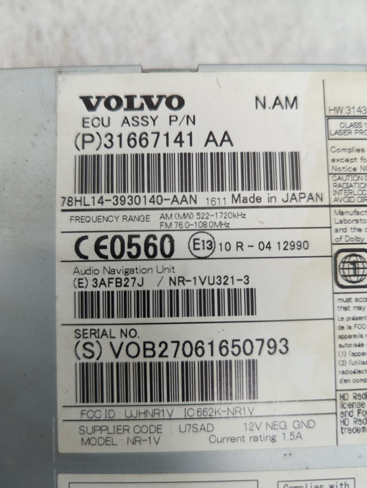 2015 Volvo Xc60 Radio AM FM Cd Player Receiver Replacement P/N:31667141AA 78HL14-3930140-AAN, NR-1VU321-3 Fits Fits 2016 201